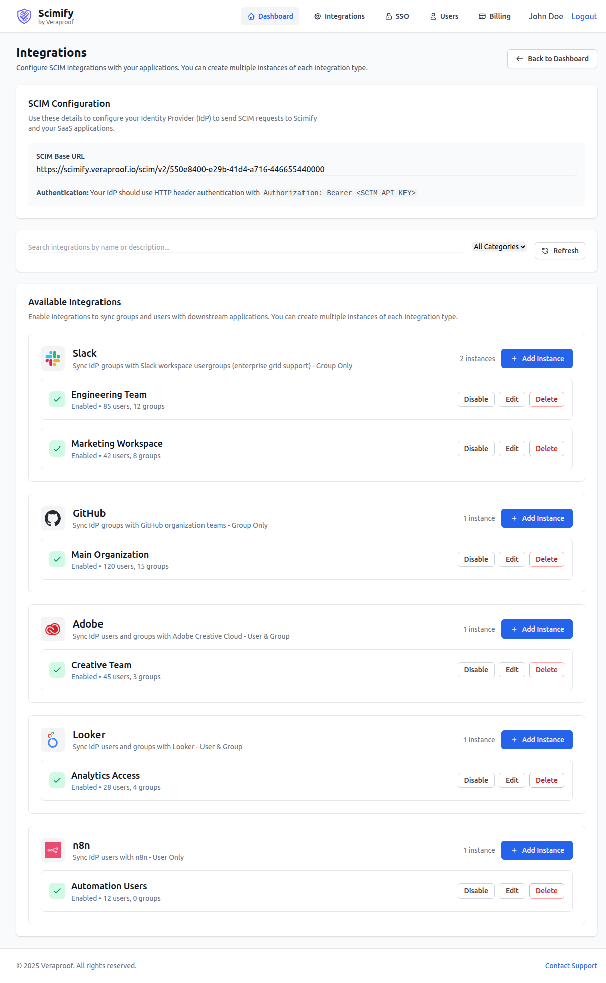 Scimify Integrations page showing available SaaS app connectors